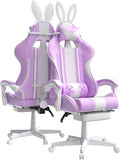 Ferghana Kawaii Light Purple Gaming Chair with Bunny Ears Ergonomic Cute Gamer Chair with Footrest and Massage Racing Reclining Leather Computer Game Chair 250lbs for Girls Adults Teens Kids