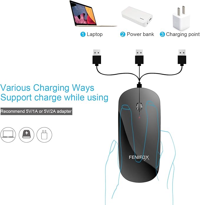 FENIFOX Wireless Bluetooth Mouse Ultra-Thin Flat and Slim Silent USB-C Rechargeable Travel Mini Portable Mouse for Mac iPad Laptop MacBook Tablet Chromebook - Black
