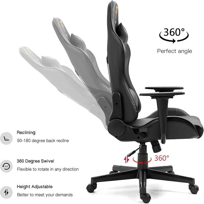 Modern-Depo Black Aries Zodiac Gaming Chair with Ergonomic Design Adjustable Swivel Recliner Load Capacity 330 lbs