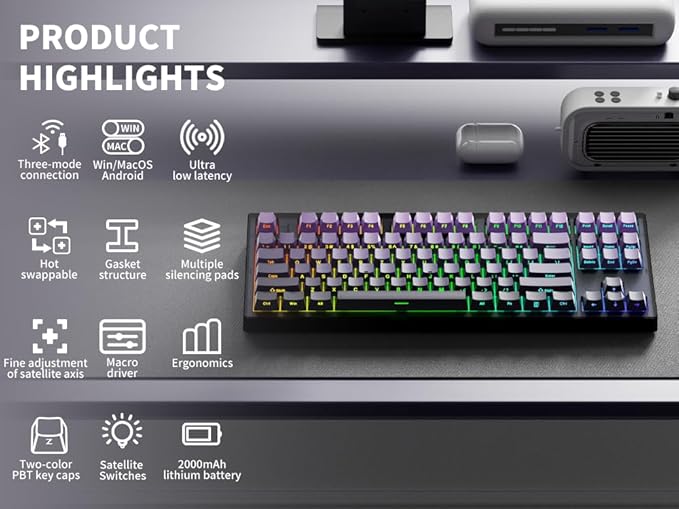 MK870 Wireless Mechanical Gaming Keyboard80% Purple Custom Creamy Sound Keyboard with Shine Through PBT KeycapsPre-lubed Linear SwitchesHot-SwappableRGB Backlit2.4GHz/USB-C/BT5.0