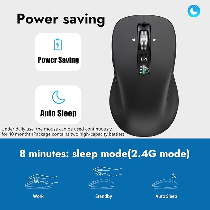 Wireless Bluetooth Mouse (USB + BT1 + BT2) Full Size 4-Way Scrolling Multi-Device Silent Mouse for Computer Laptop iPad MacBook (Black)