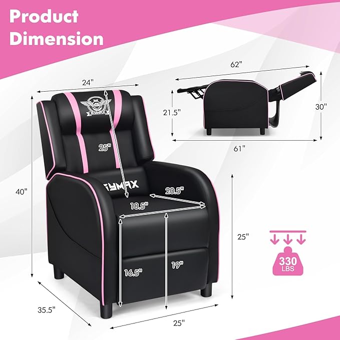 GYMAX Gaming Recliner Massage Gaming Chair w/Adjustable Footrest Remote Control &amp Side Pocket Ergonomic Game Lounge Chair Racing Style Single Theater Seat Game Sofa for Adults (Pink)