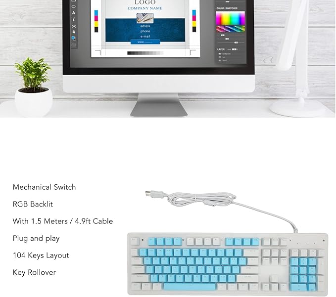 Vikye Gaming Keyboard with Mechanical Switch RGB Backlit 104 Keys USB Cable Widely Compatible with PC Laptop and Desktop (Red Switch