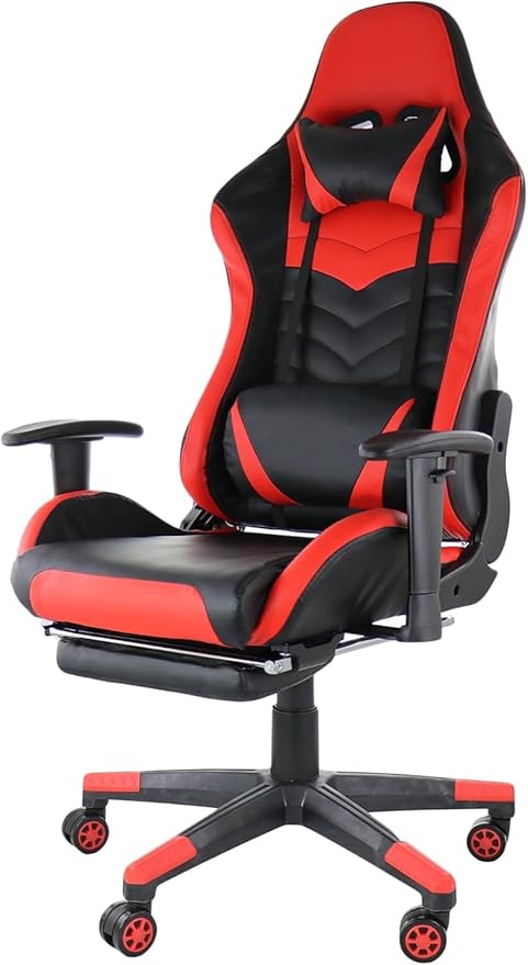 Ergonomic Gaming Chair with Footrest Adjustable Reclining Gamer Chair with Lumbar and Head Pillow Support Swivel Office Gaming Chair with Pleather Upholstery High-Back Chair (Red)