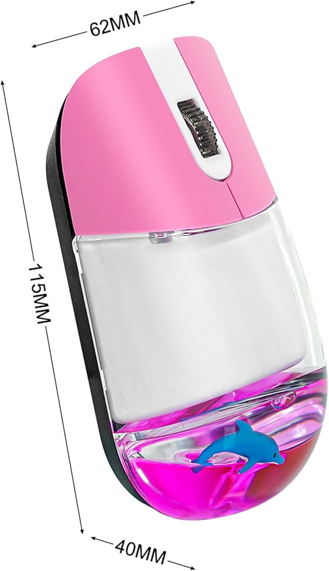 Wireless Mouse Cute Clear Water Silent Lightweight Portable Aqua Transparent Liquid Optical Retro Cordless Mice with USB Receiver Floater Dolphin for PC Laptop Computer MacBook Kids Girl Gift (Pink)