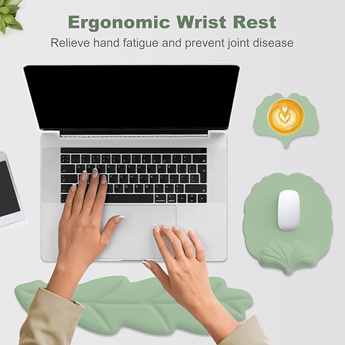 Keyboard Wrist Rest and Mouse Pad with Wrist Support Set Ergonomic Leaf Shape Mouse Pad with Non-Slip Base Pain Relief Memory Foam Mousepad for ComputerLaptopHome Office Green