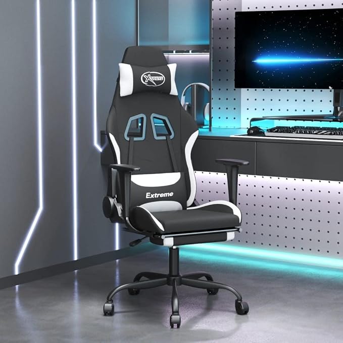 Massage Office Gaming Chair with Footrest Fabric Massage Office Chair Ergonomic Desk Chair Rolling Swivel Adjustable PC Computer Chair for Women Adults Girls(Black&ampWhite)