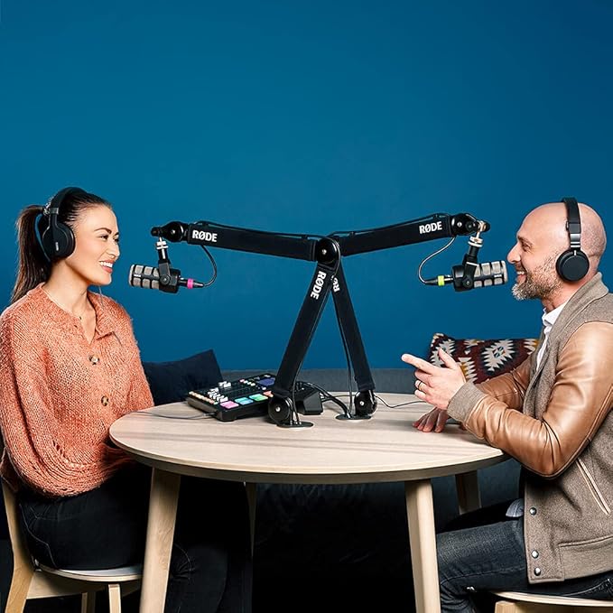 Rode PodMic Dynamic Podcasting Microphones (Pair) with 2X PSA1+ Professional Studio Boom Arms NTH-100 Professional Closed Back Over Ear Headphones XLR Cables and StreamEye Polishing Cloth