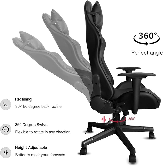 Modern-Depo Gaming Chair with Headrest and Lumbar Support Height Adjustable Swivel Office Chair High-Back Recliner Black