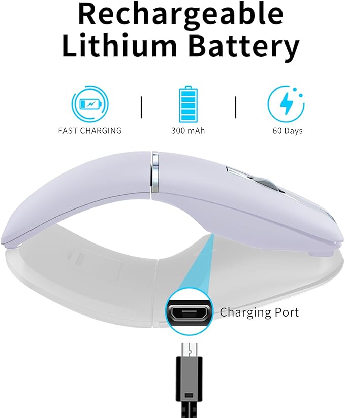 Bluetooth Arc Mouse Wireless Silent Travel Mouse Rechargeable with BT &amp 2.4G Dual Mode Slim Rotatable Portable Mobile Mice USB Optical Computer Mice for PC Laptop Macbook iPad Tablet -Lilac Purp