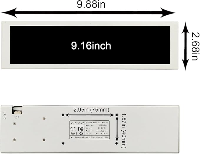 VSDISPLAY 9.16 Inch PC Case LCD Screen with Theme Editor 1920x462 IPS Stretched Bar Display for Monitoring Computer Temp RAM CPU GPU DataWhite