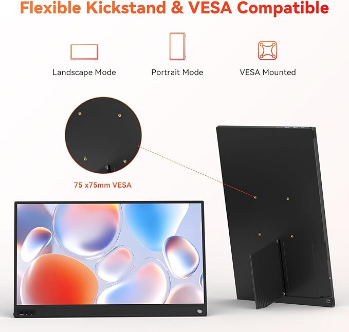 HotYeah Portable Laptop Monitor 15.6-in 1080P FHD Travel Monitor USB-C HDMI External Computer Screen FreeSync IPS w/Kickstand Extra External Display for Laptop PC Mac Phone Tablet Switch Xbox PS5