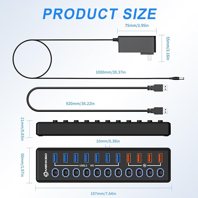 Powered USB Hub MENKSID 11-Port USB Hub 7 USB 3.2 Data Transfer Ports + 4 Smart Charging Ports Independent Switch (with LED Power Indicator) USB 3.2 Hub Powered with Power Adapter for Mac PC