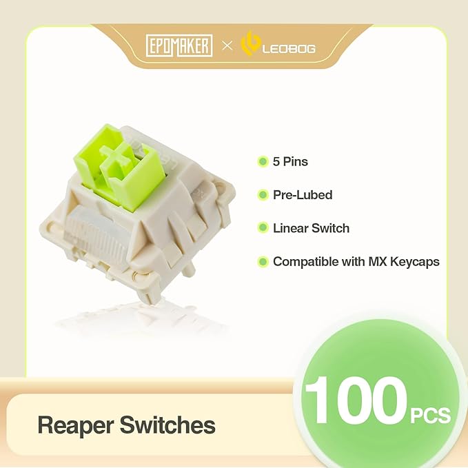 EPOMAKER x LEOBOG Keyboard Switches Set for Mechanical Gaming Keyboard 100 Pcs Linear/Tactile Switch Set Factory Lubed 5-Pin Switch with POM Stem Compatible with MX Keycaps (Reaper Linear)