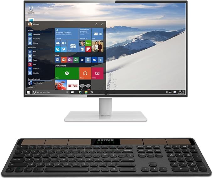 Arteck Wireless Solar Keyboard Full Size Solar Recharging Keyboard for Computer/Desktop/PC/Laptop/Surface/Smart TV and Windows 10/8 / 7 / Vista/XP Built in Rechargeable Battery