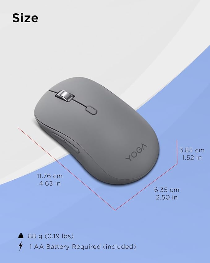 Lenovo Yoga Bluetooth Silent Mouse 3 Level DPI Adjustment 36 Month Battery Life Bluetooth 5.3 3 Device Paring Whisper Quiet Programmable Buttons Smooth Finish Luna Grey