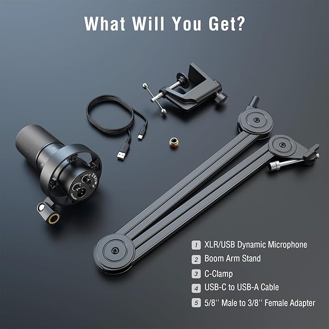 FIFINE Dynamic Podcast Microphone Set with Boom Arm Stand Studio XLR/USB Microphone for Recording Vocal Streaming Metal Mic with Mute Tap Headphone Jack Heavy Duty Boom Arm-K688T