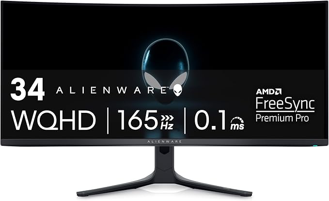 Alienware AW3423DWF Curved QD-OLED Gaming Monitor - 34-inch Quantum Dot OLED 0.1Ms 165Hz 21:9 Curved Display 99.3% DCI-P3 Color Gamut VESA DisplayHDR True Black 400 AMD FreeSync Premium Pro - Black
