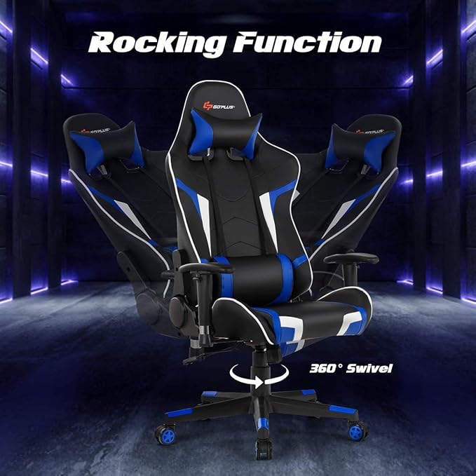 Goplus Gaming Chair - Racing Style High Back PU Leather Adjustable Arms &amp Headrest Ergonomic Reclining Game Chair with Rolling Swivel Base