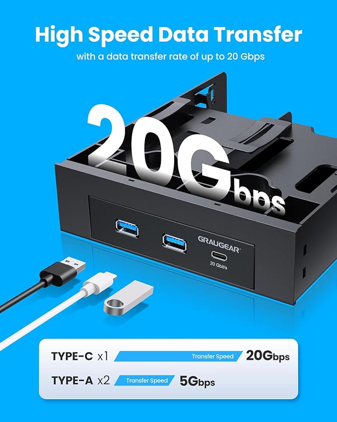 GRAUGEAR 5.25 Inch Internal USB Hub Front Panel – USB‑C 20Gbps + 2X USB‑A 5Gbps Dual 2.5″ SSD/HDD Bays Fits 5.25″ Bay USB 3.2 A-Key 20-Pin &amp USB3.0 19‑Pin Headers PC Case Desktop Expansion