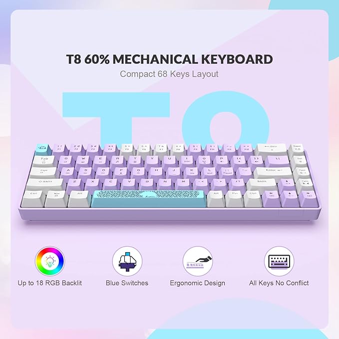 T8 60% Mechanical Gaming Keyboard68 Keys TKL Compact US Layout Wired Keyboard18 Chroma RGB BacklitBlue SwitchFull Anti-ghostingPro Custom Coiled USB-C Cablefor PCMacPS4Xbox-Lavender