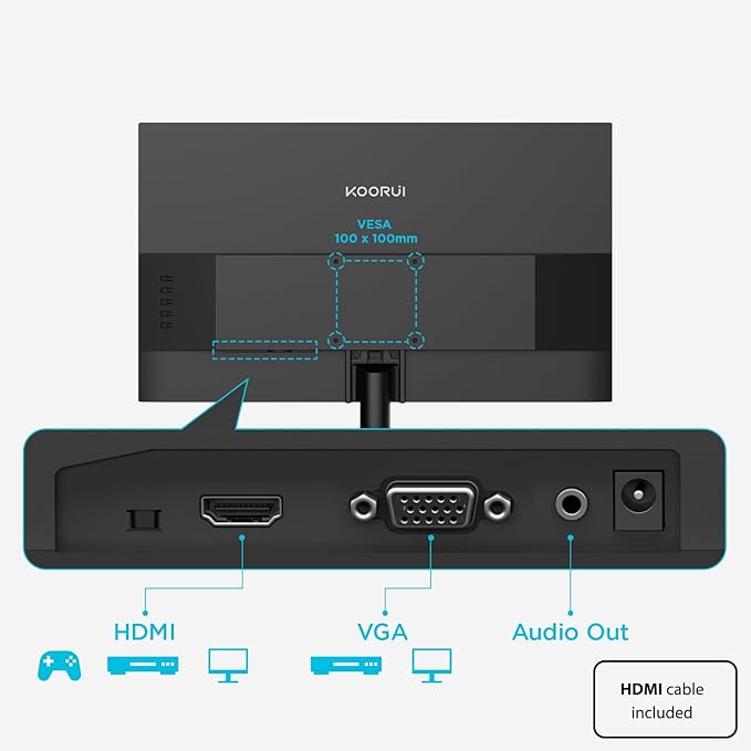 KOORUI 24-inch Computer Monitor Full HD 1920 x 1080p 100Hz VA Display 4000:1 Contrast Ratio with HDMI VGA TÜV Rheinland Certified 100 x 100 mm VESA Mountable Ultra-Slim Design Tilt Black E2412F