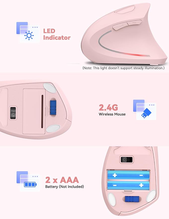 TECKNET Ergonomic Mouse 4800 DPI Wireless Vertical Mouse with 5 Adjustable DPI Levels 2.4GHz Optical Carpal Tunnel Mouse 6 Buttons for Laptop Desktop PC MacBook - Pink