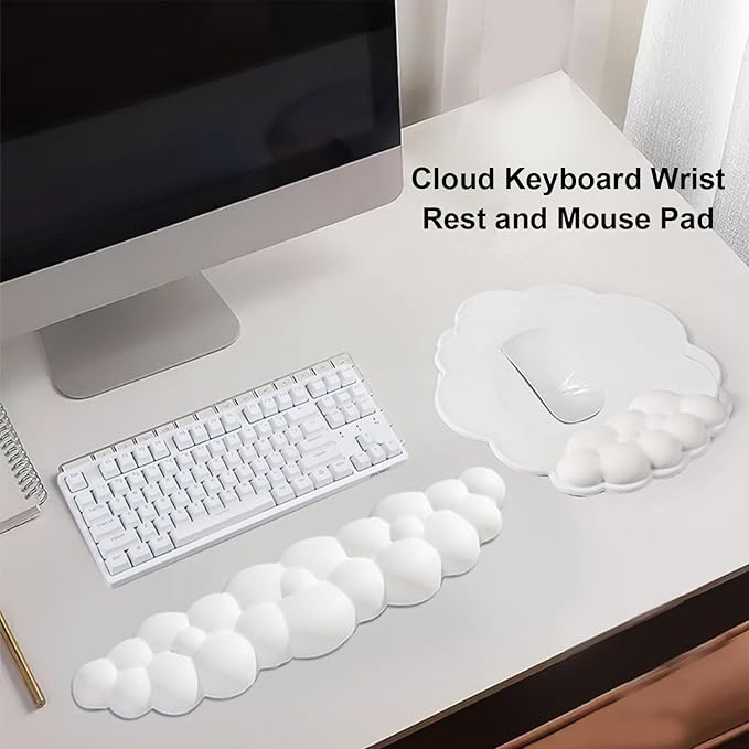 Cloud Keyboard Wrist Rest and Mouse Wrist Rest Kawaii Memory Foam Wrist Support Mouse Pad for Typing Pain Relief Cloud Palm Rest with Mousepad Non-Slip Base for Home Office Computer Laptop (White)