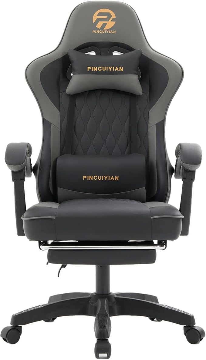 Ergonomic Gaming Chair with Footrest and Lumbar Support High Back Reclining PU Leather Computer Chair with Headrest and Linkage Armrests Swivel Height Adjustable Office Gamer Chair for Adults (grey)