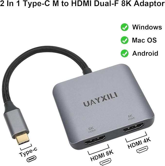 USB-C to Dual HDMI 8K Adapter - MST HDMI Splitter for Dual Monitors Extended Display Support 4K@60Hz Compatible with MacBook Dell HP Lenovo Thunderbolt 3/4 Laptops
