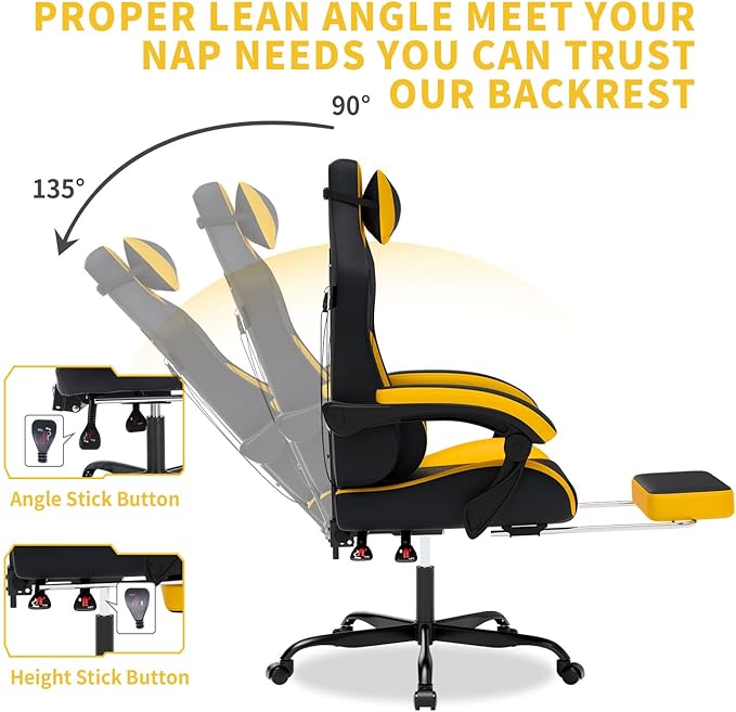 Gaming Chair with MassageErgonomic PC Gaming Chair with Footrest Comfortable Headrest and Lumbar SupportHigh Back Game Chair PVC Leather300LBS (BlackYellow)