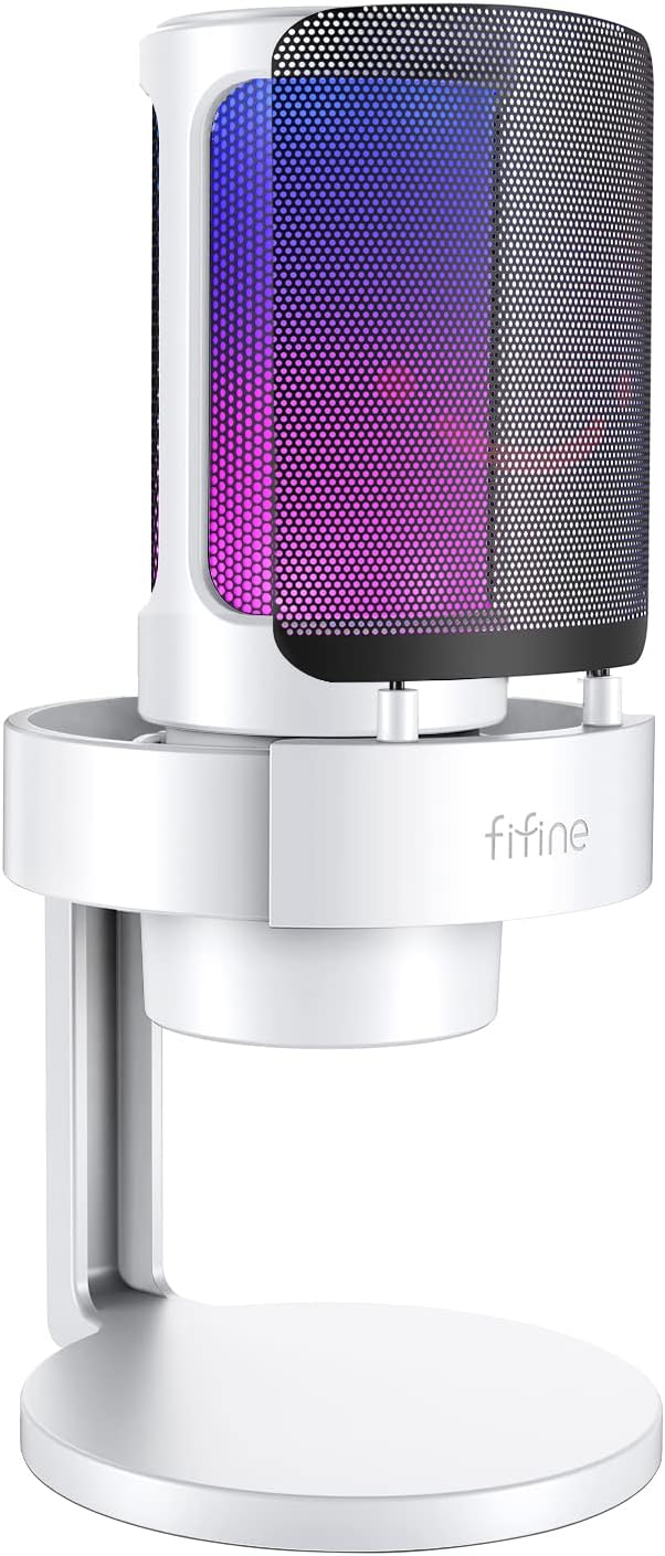 FIFINE Gaming USB PC Computer RGB Microphone for Live Streaming Meeting Podcasting Video Condenser Mic with Monitoring Headphone Jack Light Control for MAC OS/Windows-AmpliGame A8 White
