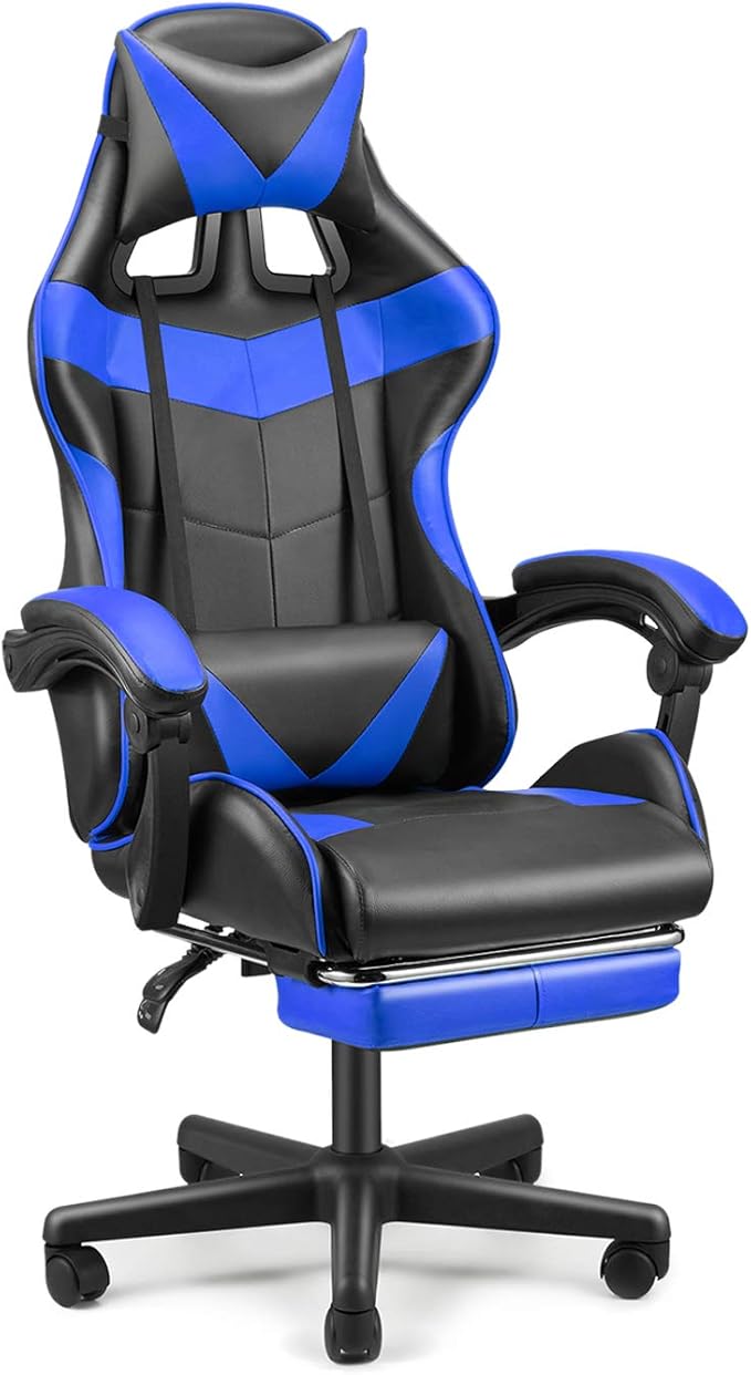 Huracan Gaming Computer Chair with Footrest Adjustable Video Game Chairs for Adults Heavy Duty Office Chair with Headrest and Lumbar Support Blue