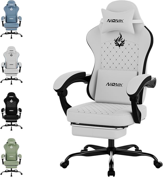Gaming Chair with MassageErgonomic PC Gaming Chair Computer Chairs with Footrest Comfortable Headrest and Lumbar Support High Back WHITEBLACK