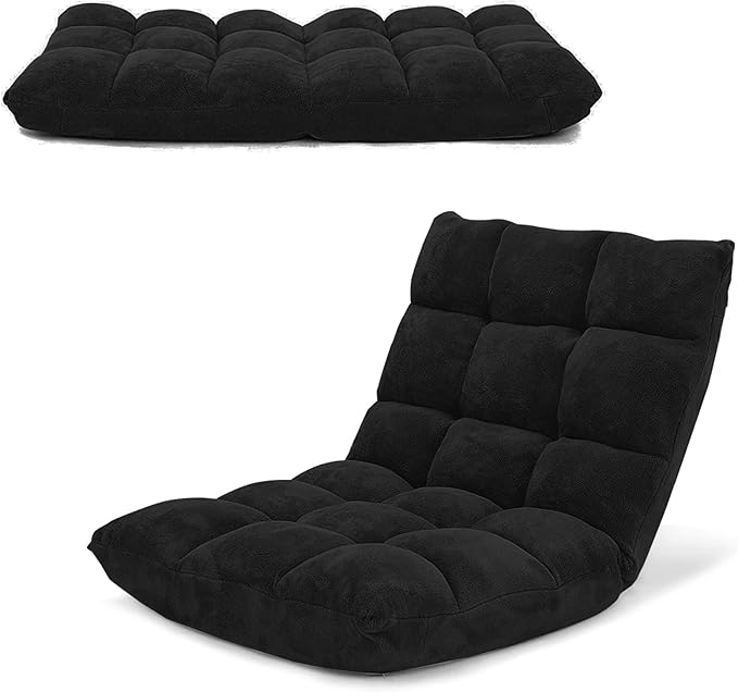 COSTWAY Adjustable Gaming Chair Video Gaming Chairs with Back Support Alloy Steel Frame Soft Coral Fleece Lazy Sofa Lounge for Reading Living Room Recliner for Adults Kids Black