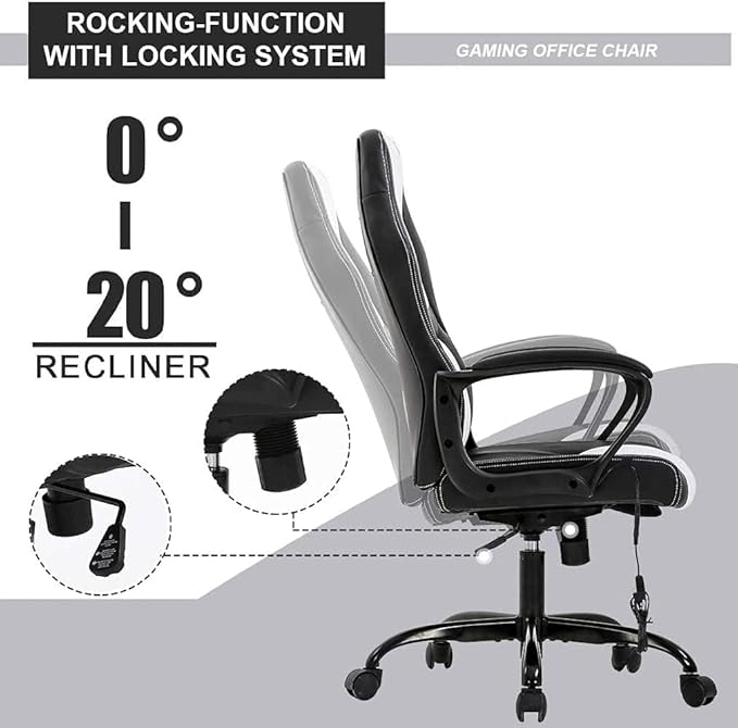 White Gaming Chair Ergonomic Video Game Chair with Massage Lumbar Support Headrest Armrest High-Back Adjustable PU Leather Rolling Swivel Computer Desk Chair for Home Office (White)