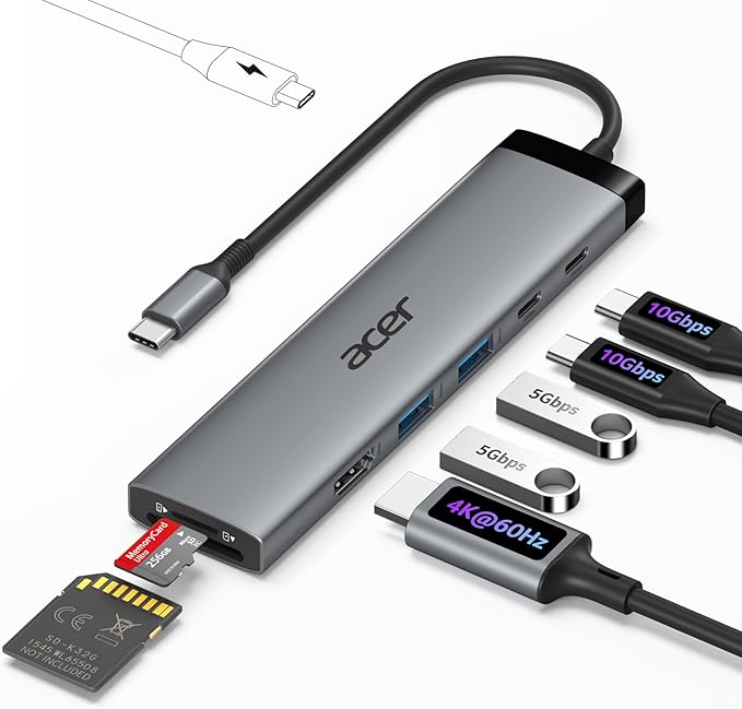 Acer 8 in 1 USB C Hub 10Gbps USBC to HDMI Adapter 4K@60Hz 2×USB-C 3.2 2×USB A 3.0 Data Transfer 100W PD Port Type C Multiport Splitter with SD/TF Card Reader for Laptop PC Desktop iPad Pro