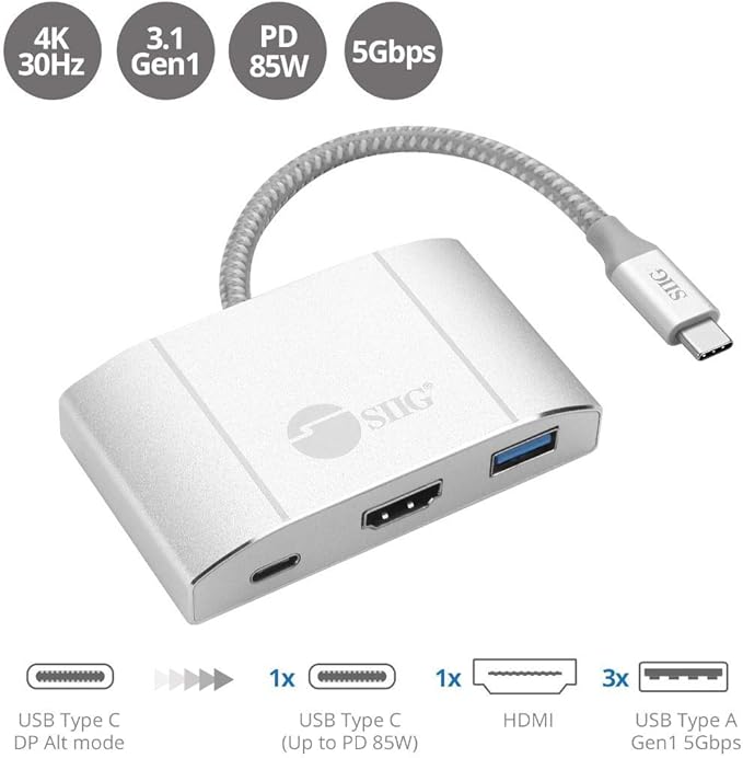 SIIG USB-C Hub with 4K 30hz HDMI 85W Laptop Charging and 3X USB 3.1 Gen 1 Type A Ports - 5-in-1 Video Adapter Docking Station - for MacBook Pro Surface Pro 6/7 and USB-C Laptops (JU-H30612-S2)