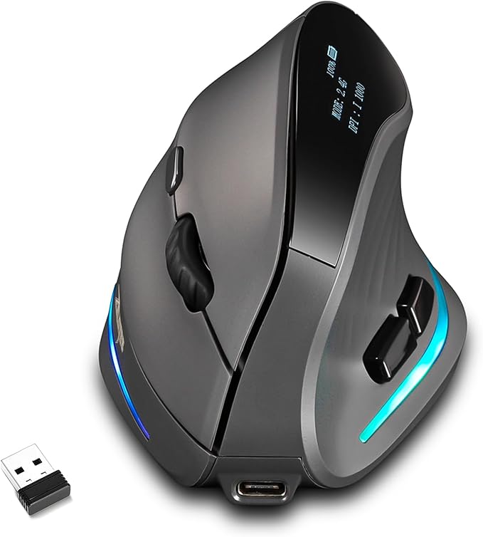Gaming Mouse with Display Wireless Vertical Ergonomic Mouse with Tri-Mode Connectivity 7 Programmable RGB Buttons 4000 DPI Rechargeable for PC Laptop Mac