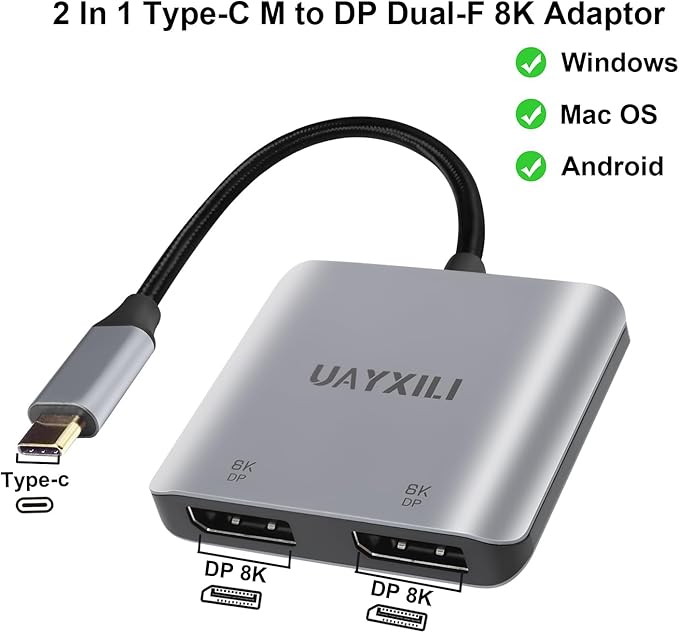 USB C to Dual DisplayPort Adapter 8K@60HzDP Splitter 1 in 2 Out Extended Display for Windows Type-C to 2 DP MST Hub for Dual Monitors Compatible with XPS 13/15 Lenovo Chromebook HP etc