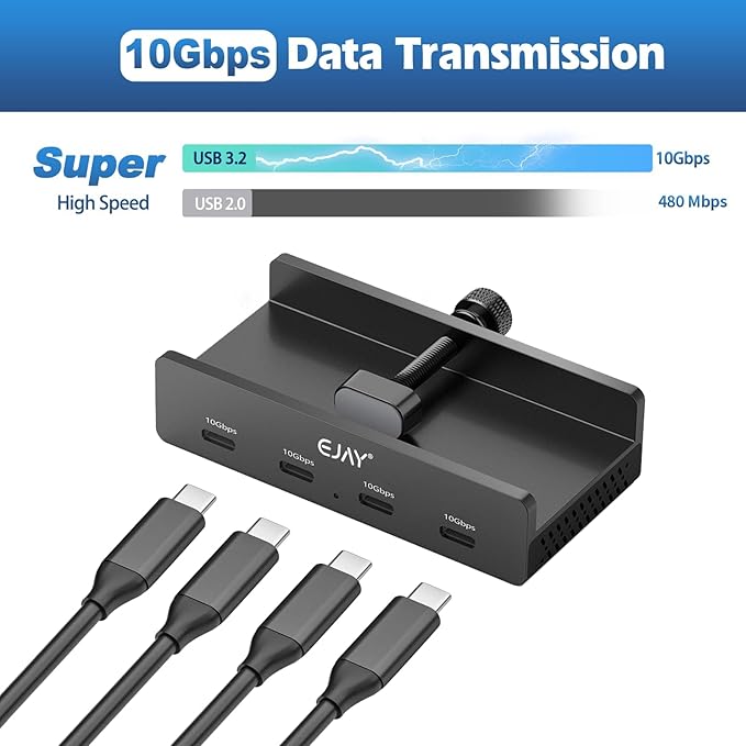 EJAY 4-Port 10Gbps USB 3.2 Hub with Clamp Mount Aluminum Docking Station for MacBook/Desktop Dual Cable USB Splitter for Monitors USB C Hub Stable Data Transfer for Creators Black