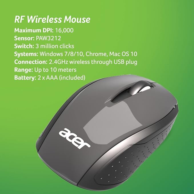 Acer RF Wireless Mouse (Gray/Black) Works with Chromebook with USB Plug and Play for Right/Left Handed Users (for Chromebooks Windows PC &amp Mac)