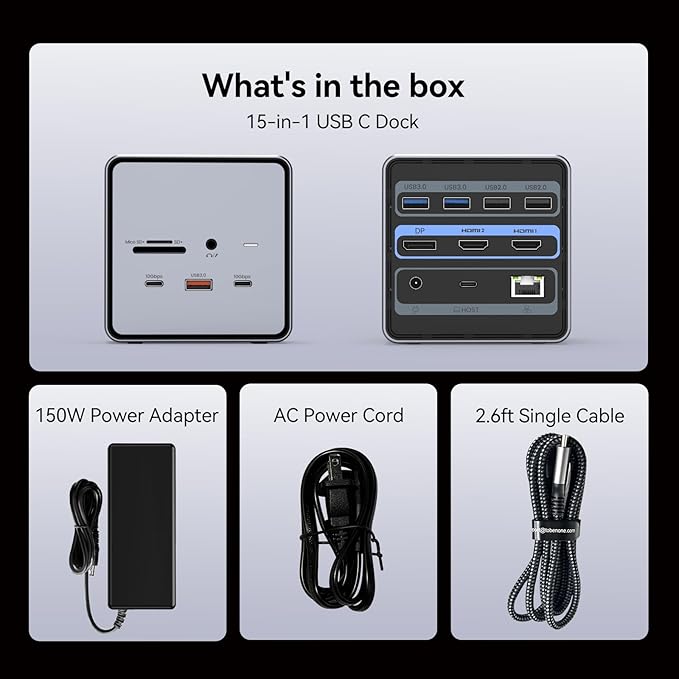 TobenONE USB C Docking Station Dual/Triple Monitors with 150W Power Adapter for Dell/HP/Lenovo/Surface/Asus/Chromebook 2 HDMI DP 5 USB Ethernet SD 4.0/Micro SD
