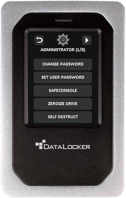 DataLocker DL4 FE 1 TB Password Protected Hardware Encrypted HDD Easy Screen Guided Use AES 256 IP64 Dust TAA Compliant Trusted Supply Chain OS Independent USB-C/USB-A
