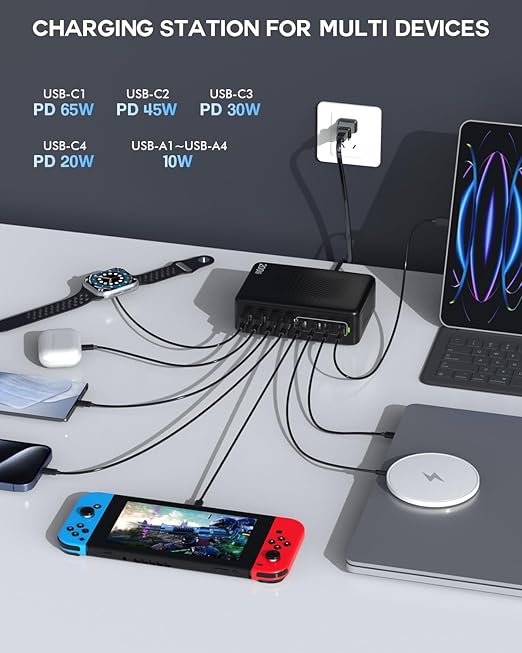 USB C Charger Block 200W 8 Port USB C Charging Station GaN Type C &amp A Charger Fast Charging Desktop Hub PD Block Laptop Adapter for Apple iPhone Air 17 16 15iPad Pro/Air/MiniMacBook Pro/AirGa
