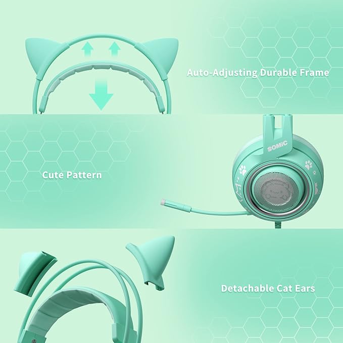 SOMIC G951S Green Gaming Headset with Microphone for PS4 PS5 Xbox One PC Cat Ear Headphones Over Ear with in-Line Mic Control Stereo Sound for Girls Woman