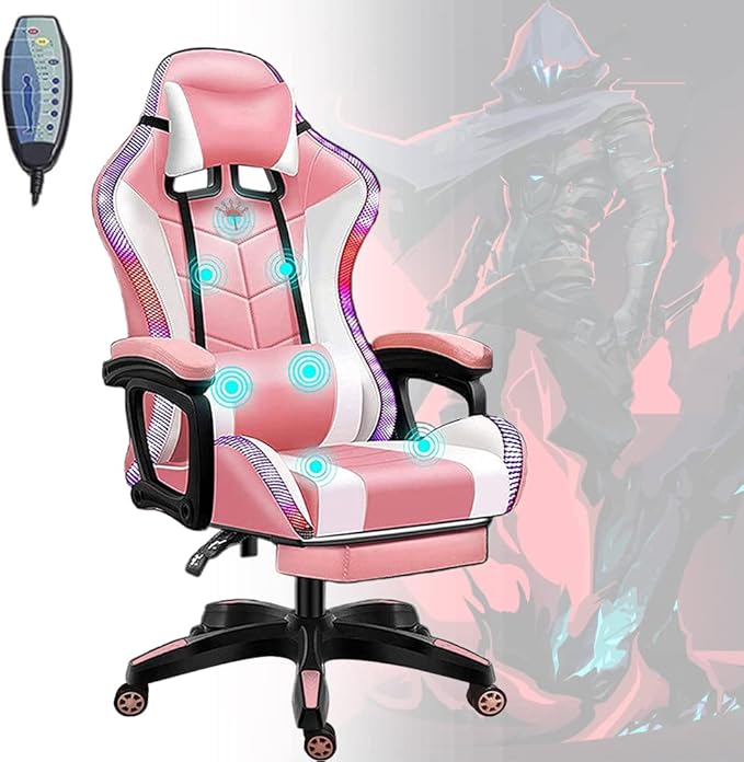 LED Lights Gaming Chair with Speakers Ergonomic Video Office Chair with Massage Computer Desk Chair with Headrest and Lumbar Support College Dorm Essentials for GuysPink…