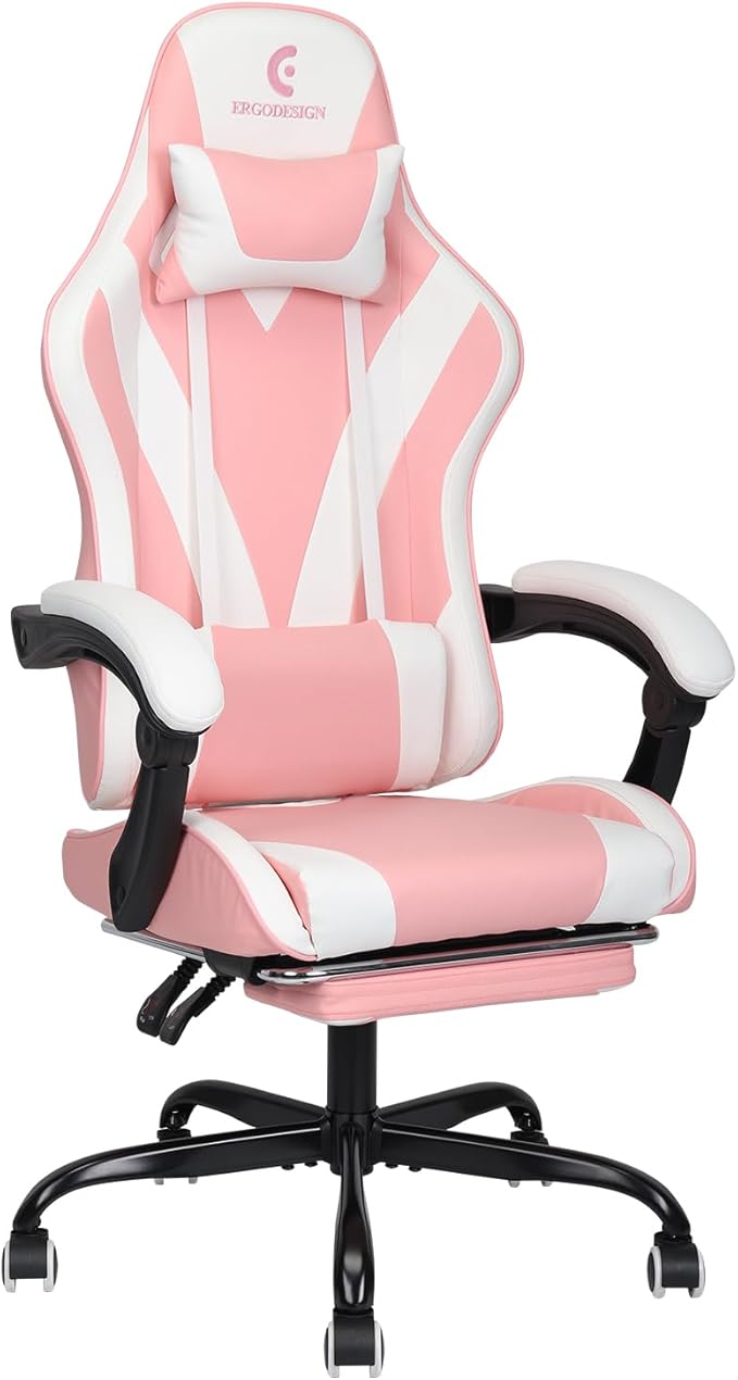 Gaming Chair with Linkage Armrest &amp Footrest High Back Video Gaming Chair Pink/White
