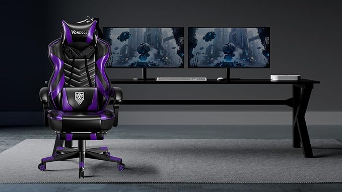 Vonesse Gaming Chair Big and Tall Gaming Chair with Footrest and Massage Gaming Chairs for Adults with Lumbar Support Ergonomic High Back Computer Chair with Pocket Spring Cushion (Purple/Black)