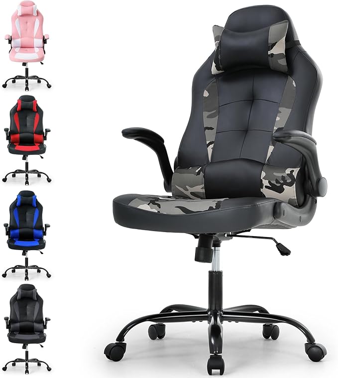 Meet Perfect Gaming Ergonomic Office Desk Chair - Leather Computer With Lumbar Support and Head Pillow - Modern Executive Adjustable Rolling Swivel Task for Home Office Camo
